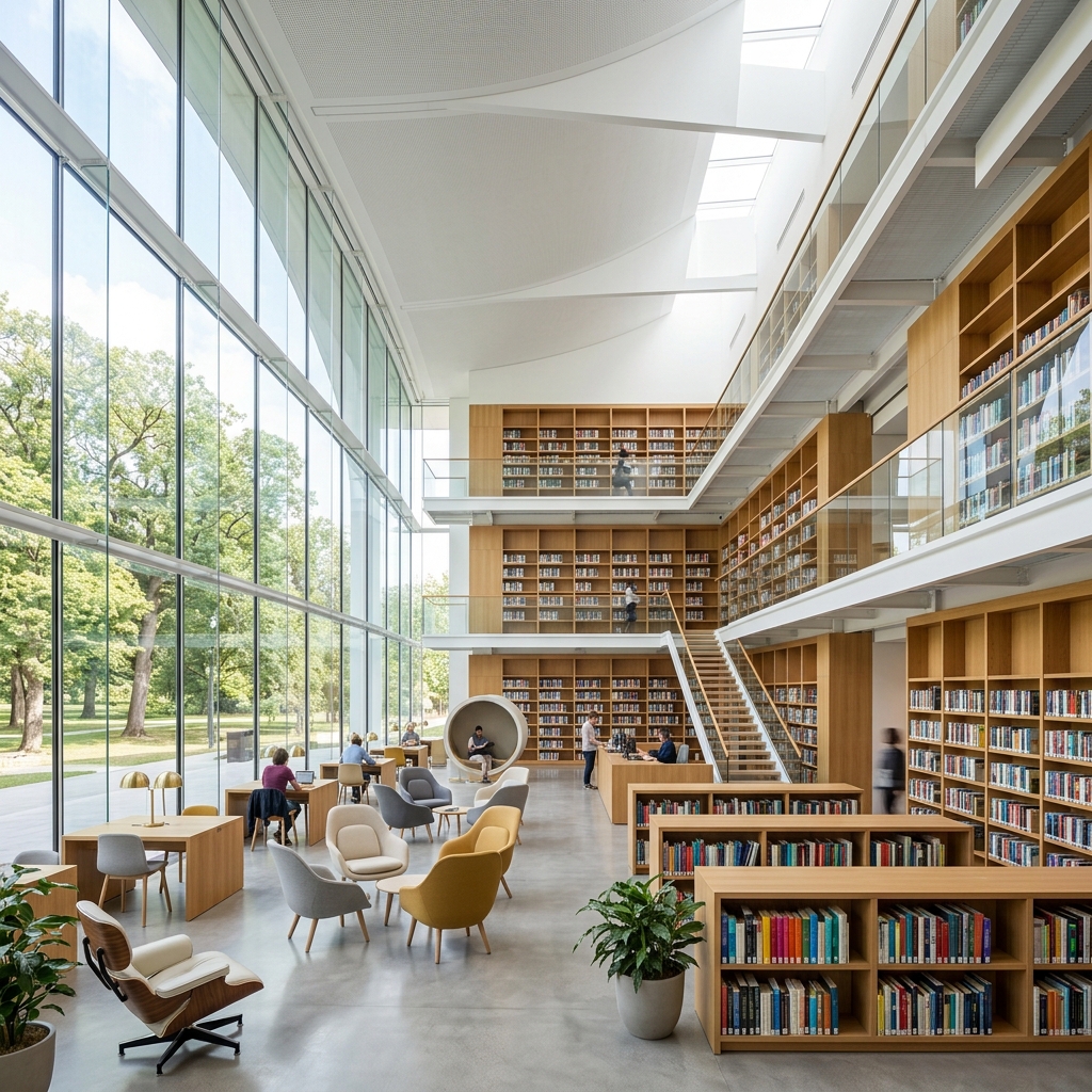 Biblioteca Moderna com estantes de madeira clara