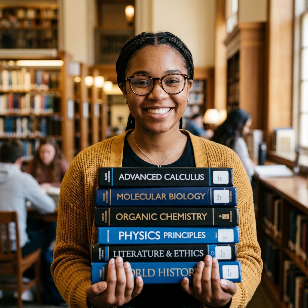Estudante sorrindo com pilha de livros acadêmicos
